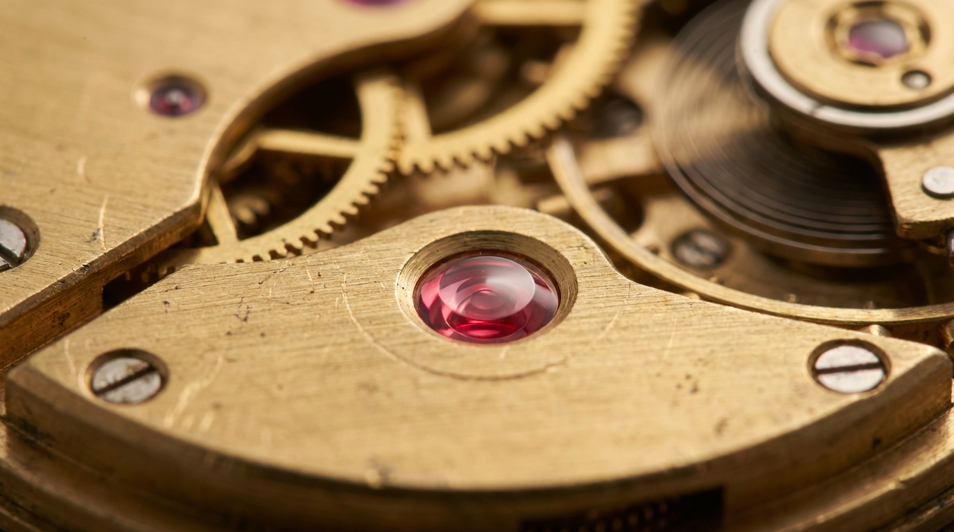 Dettaglio macro di un rubino da orologio rosso incastonato nel meccanismo in ottone di un movimento meccanico