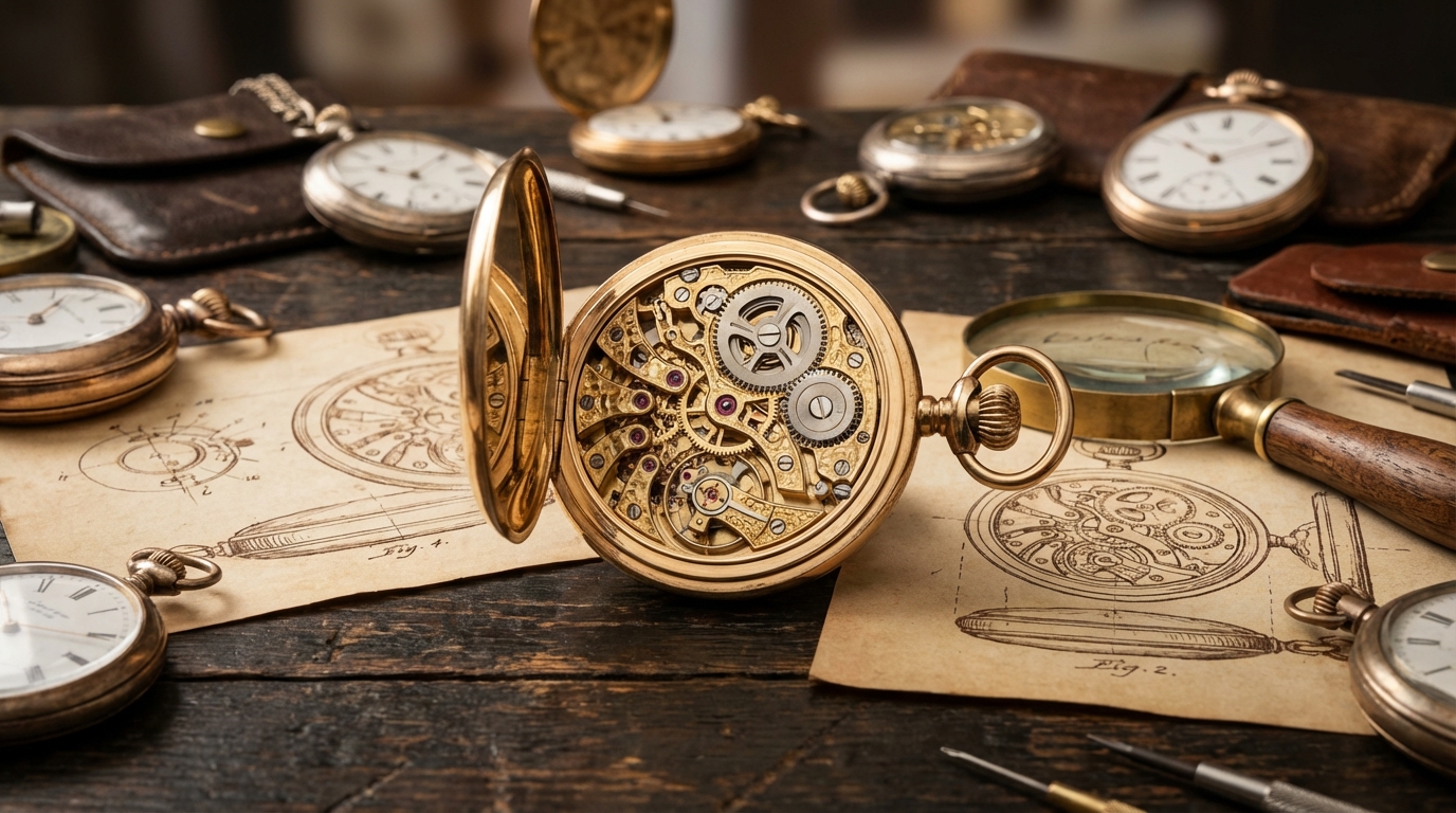 Collezione di diversi stili di orologi da taschino antichi e moderni su una scrivania di legno