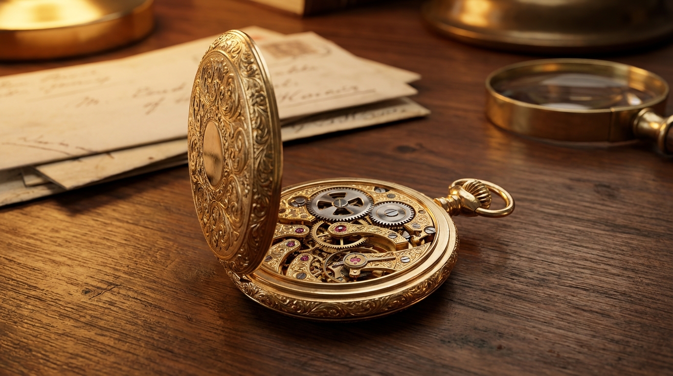 Antico orologio da taschino in oro aperto su scrivania per stima del valore orologio da taschino