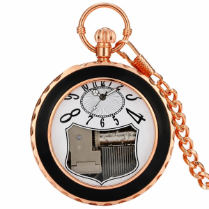 Orologio da tasca con carillon rosa dorato e catena