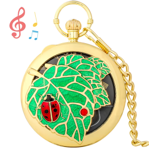 Orologio da taschino al quarzo con coccinella e foglia — Dorato giallo