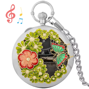 Orologio da taschino al quarzo con fiori e farfalla — Color argento