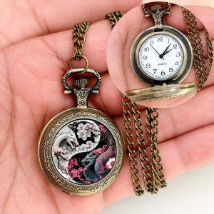 Orologio da taschino al quarzo con quadrante illustrato — Uccelli, metallo color bronzo dorato
