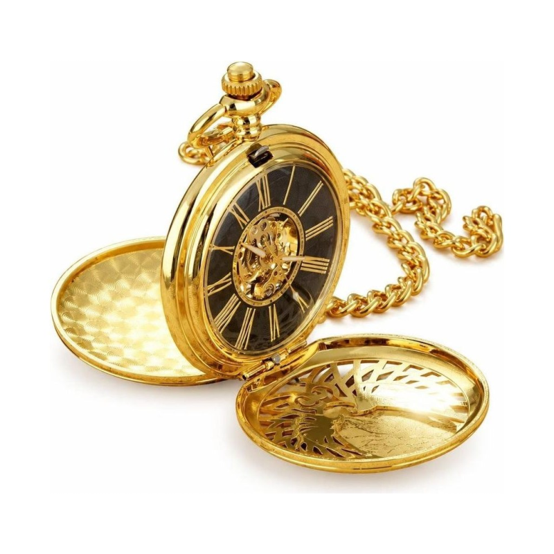 Orologio da taschino Double Hunter dorato con catena