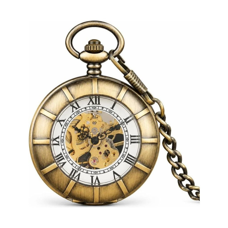 Orologio da taschino double hunter scheletrato con catena