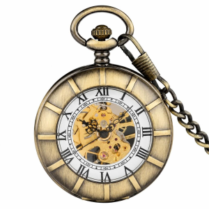 Orologio da taschino double hunter scheletrato con catena