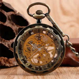 Orologio da taschino meccanico scheletrato, quadrante aperto