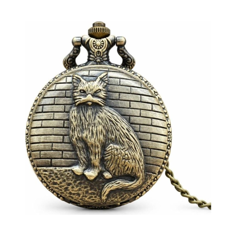 Orologio da taschino quartz con gatto in bronzo