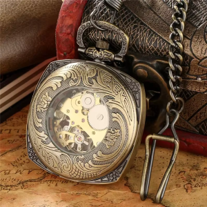 Orologio da taschino scheletrato color bronzo con catena FOB