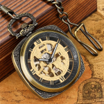 Orologio da taschino scheletrato color bronzo con catena FOB