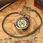 Orologio da taschino scheletrato color bronzo con catena FOB