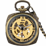 Orologio da taschino scheletrato color bronzo con catena FOB