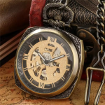 Orologio da taschino scheletrato color bronzo con catena FOB