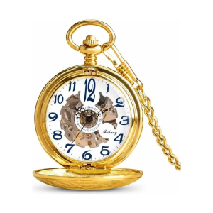 Orologio da taschino scheletrato dorato con catena