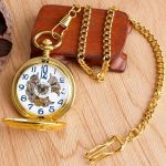 Orologio da taschino scheletrato dorato con catena