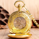Orologio da taschino scheletrato dorato con catena