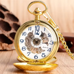 Orologio da taschino scheletrato dorato con catena