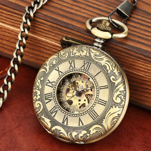 Orologio da taschino scheletrato dorato con numeri romani
