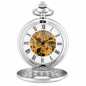 Orologio da taschino scheletrato inciso con numeri romani