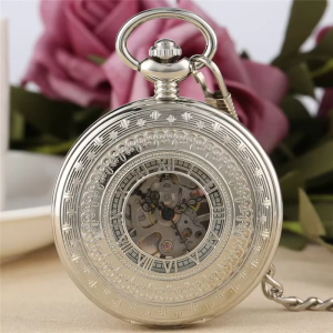 Orologio da taschino scheletrato meccanico argentato