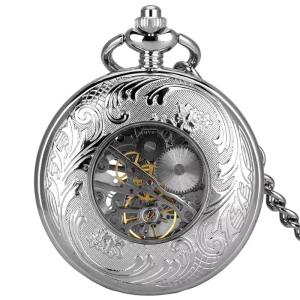 Orologio da taschino scheletrato nero con numeri romani