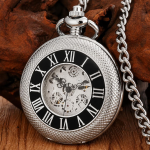Orologio da taschino scheletrato nero con numeri romani