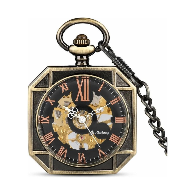 Orologio da taschino scheletrato quadrato meccanico — Argentato