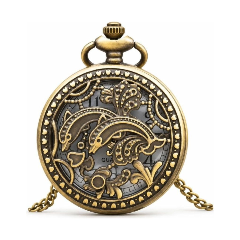 Orologio da taschino steampunk al quarzo con delfini