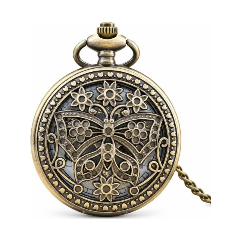 Orologio da taschino steampunk al quarzo con farfalla