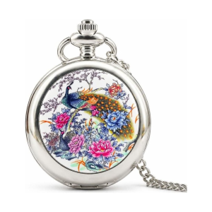 Orologio da taschino steampunk con pavone e peonie
