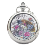 Orologio da taschino steampunk con pavone e peonie